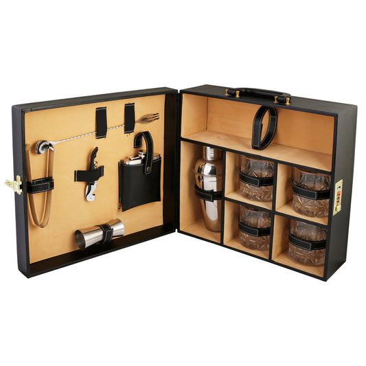 Anything & Everything Bar Set | Wine Case | Whisky Case | Portable Bar Accessories Set (Holds 01 Bottle & 04 Whisky Glasses) (Black & Beige)