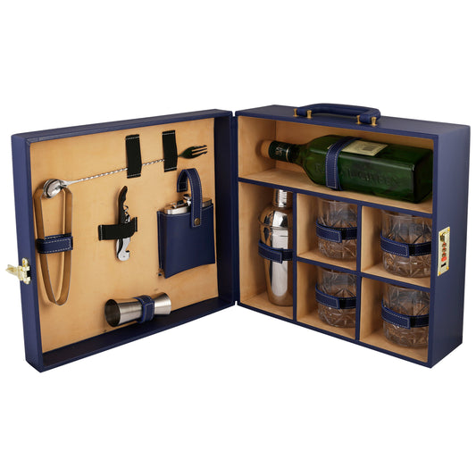 Anything & Everything Bar Set | Wine Case | Whisky Case | Portable Bar Accessories Set (Holds 01 Bottle & 04 Whisky Glasses) (Blue & Beige)