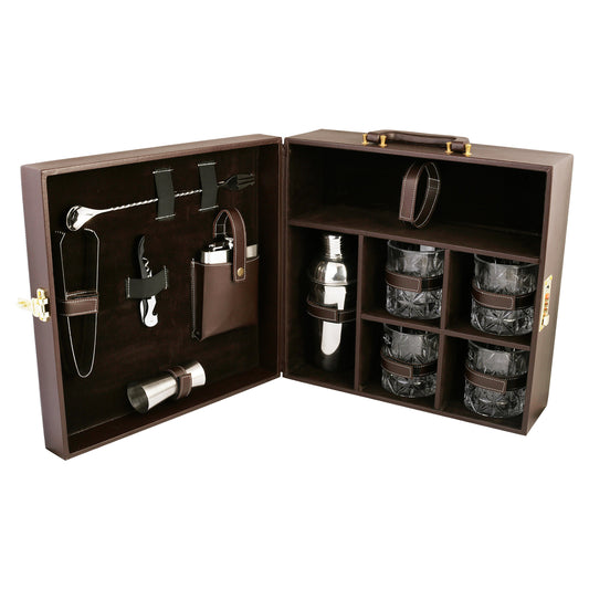 Anything & Everything Bar Set | Wine Case (Holds 01 Bottle & 04 Whisky Glasses) (Brown & Brown)