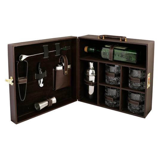 Anything & Everything Bar Set | Wine Case (Holds 01 Bottle & 04 Whisky Glasses) (Brown & Brown)