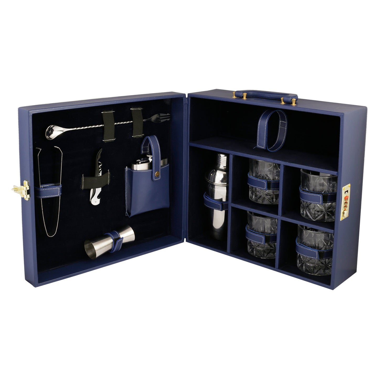 Anything & Everything Bar Set | Wine Case | Whisky Case | Portable Bar Accessories Set (Holds 01 Bottle & 04 Whisky Glasses) (Blue & Blue)
