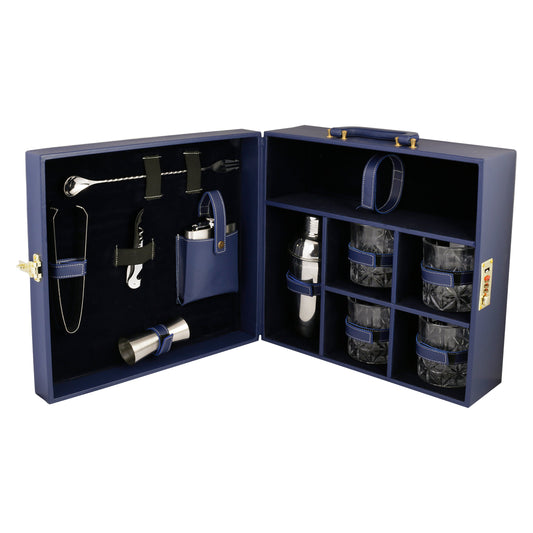 Anything & Everything Bar Set | Wine Case | Whisky Case | Portable Bar Accessories Set (Holds 01 Bottle & 04 Whisky Glasses) (Blue & Blue)