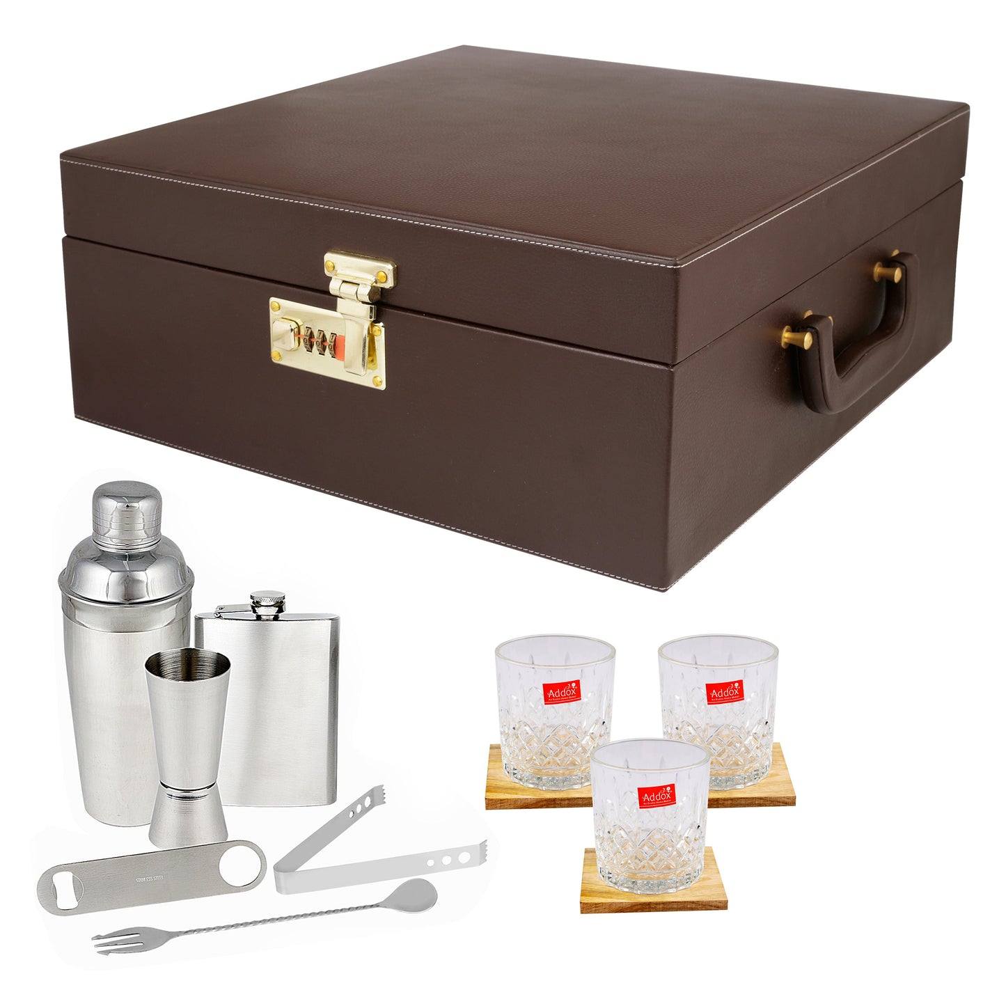 Anything & Everything Bar Set | Wine Case (Holds 01 Bottle & 04 Whisky Glasses) (Brown & Brown)
