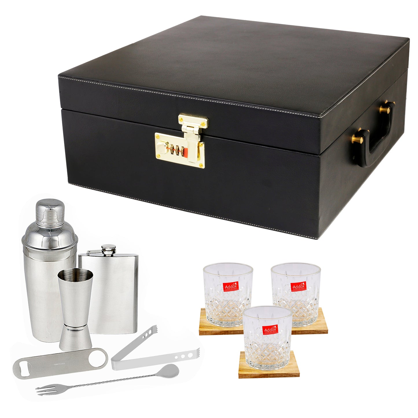 Anything & Everything Bar Set | Wine Case | Whisky Case | Portable Bar Accessories Set (Holds 01 Bottle & 04 Whisky Glasses) (Black & Beige)