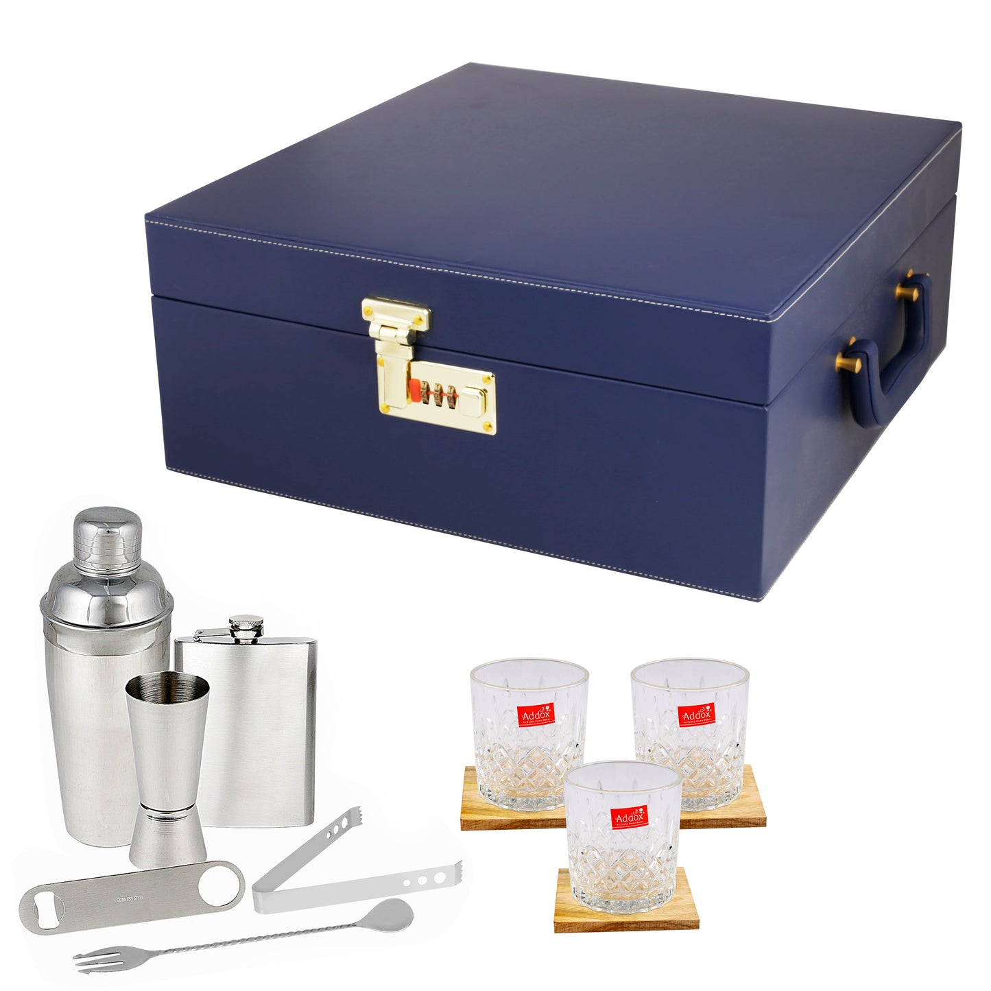 Anything & Everything Bar Set | Wine Case | Whisky Case | Portable Bar Accessories Set (Holds 01 Bottle & 04 Whisky Glasses) (Blue & Blue)