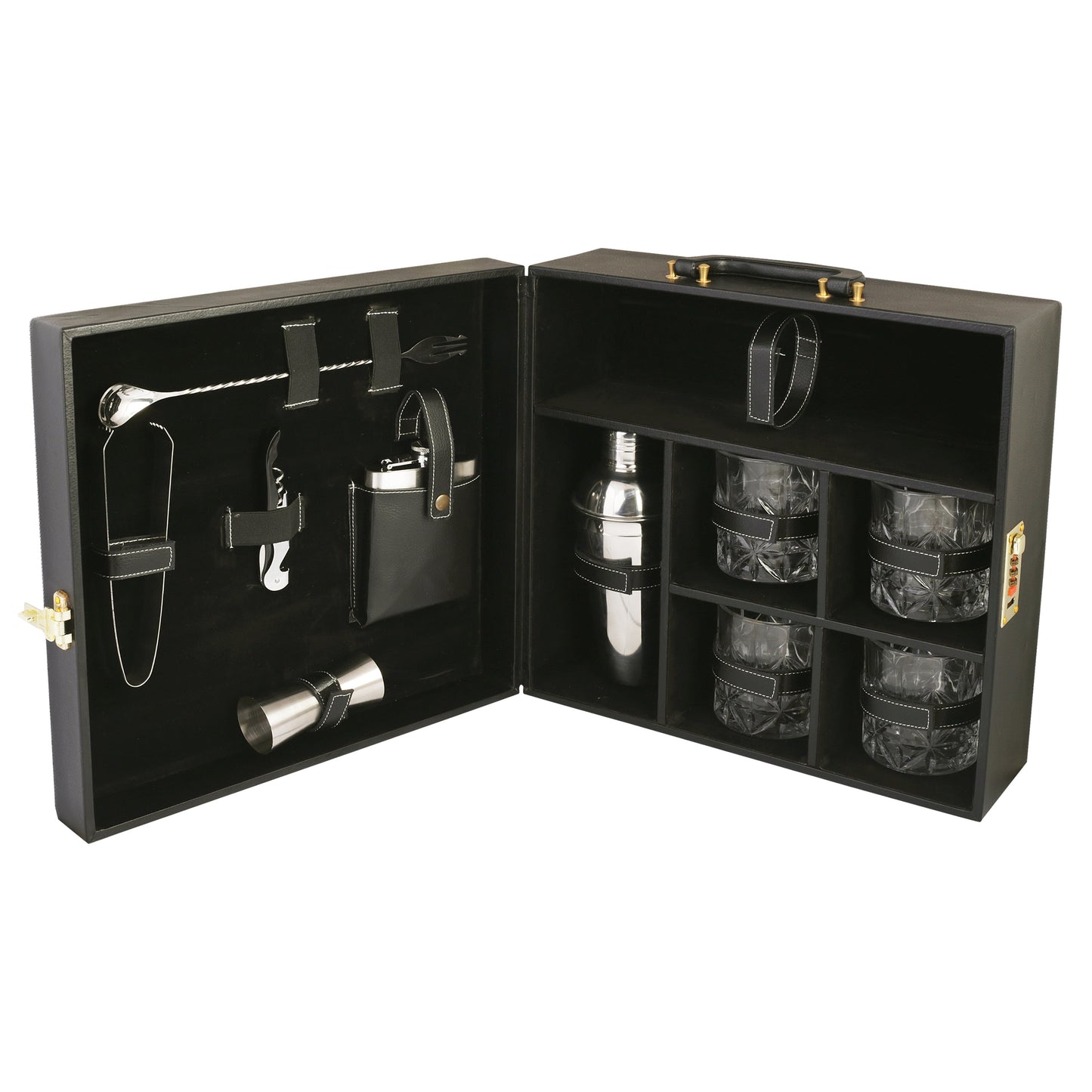 Anything & Everything Bar Set | Wine Case | Whisky Case | Portable Bar Accessories Set (Holds 01 Bottle & 04 Whisky Glasses) (Black & Black)